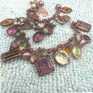 Liz Palacios SF Charm Bracelet Brass Bezel Set Crystals Multi Colored 7.5 READ